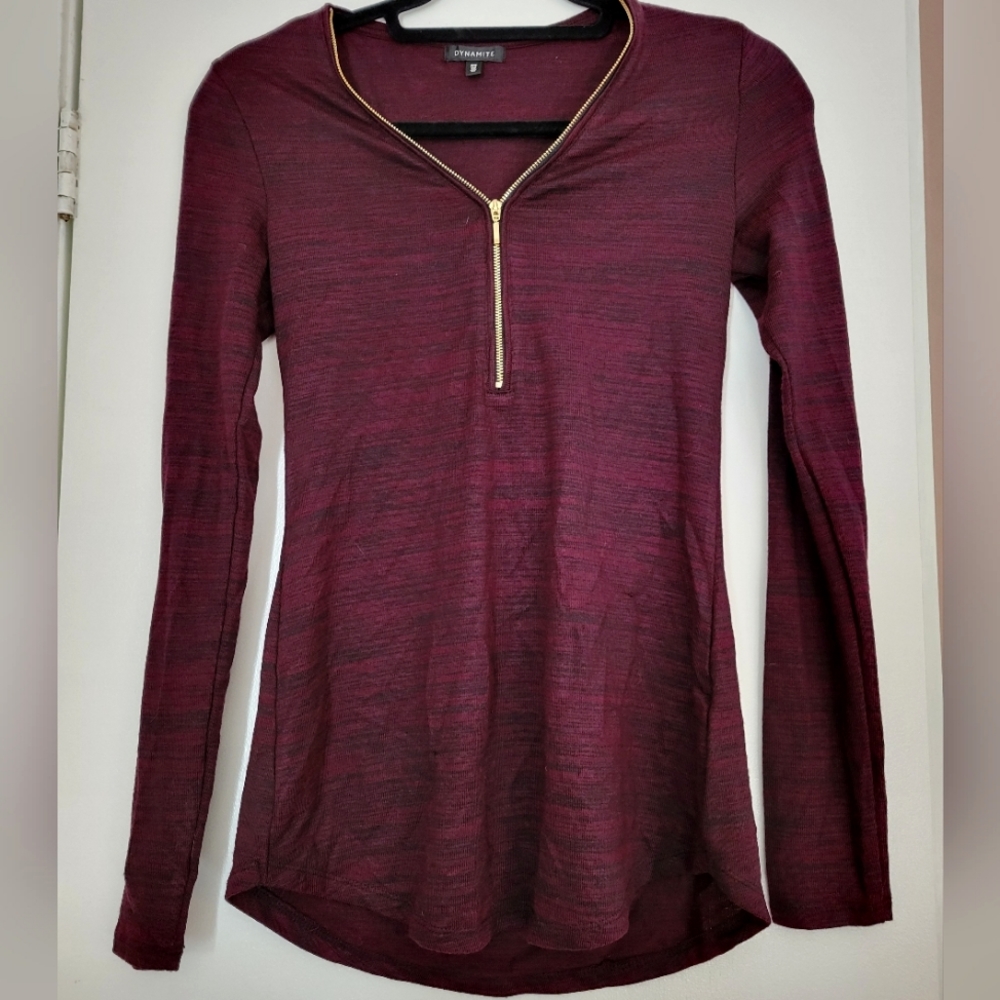 Dynamite long sleeve zip up burgundy red marl knit shirt size small